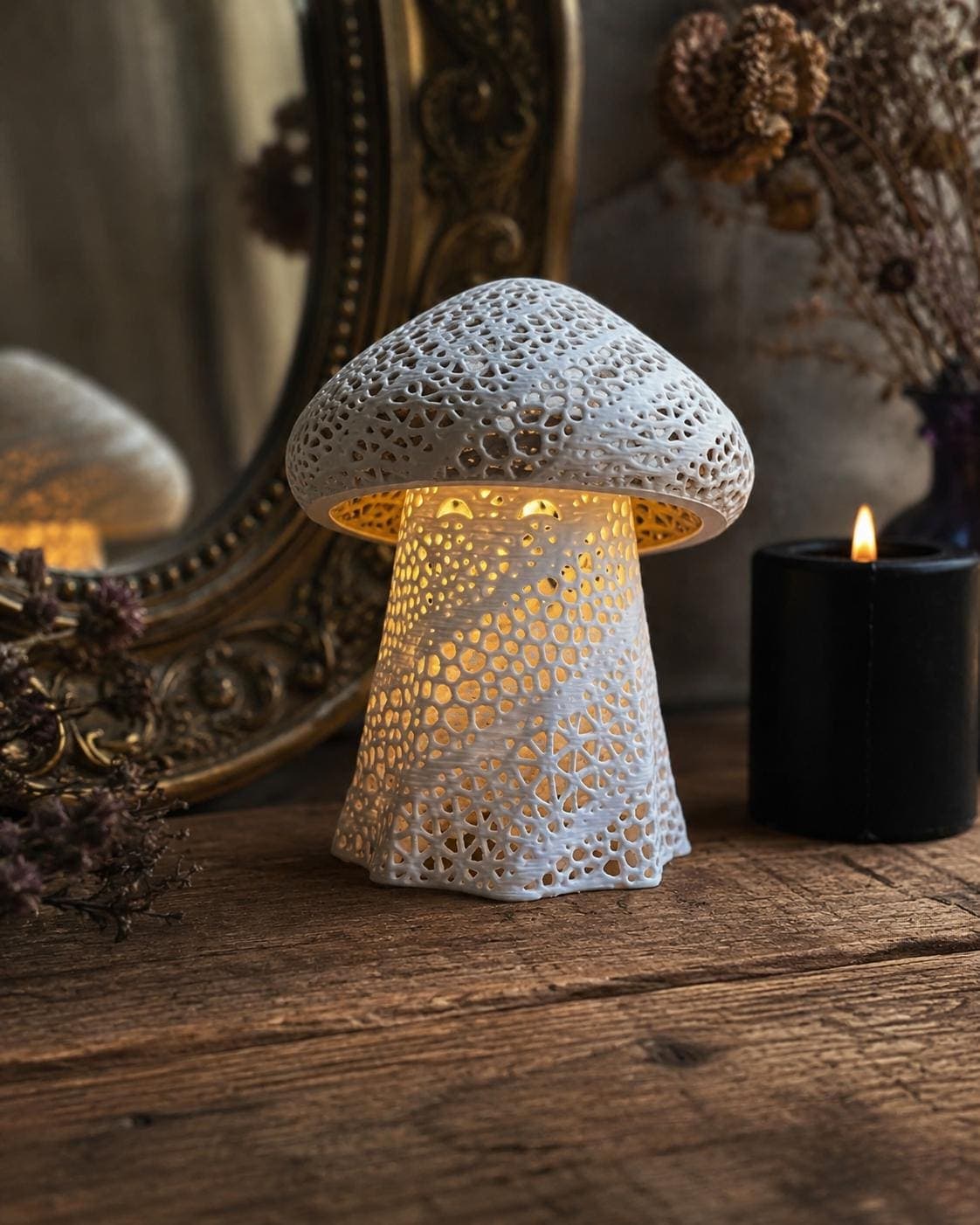 Mystic Ghost Shroom Lantern | 3D Printed Mushroom Night Light, Spooky Halloween Shelf Decor, Ghost Mushroom Lamp, Cottagecore Fantasy Decor - Thumbnail 7