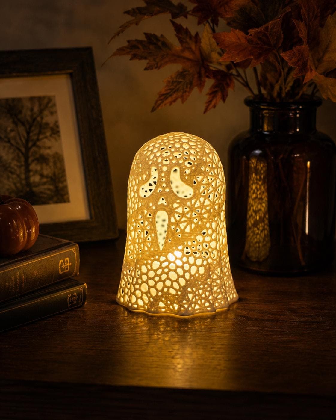 SCREAM Ghost Tealight Holder | Glowing Ghost Lantern | Cute Halloween Shelf Decor | Spooky Fall Mantel Accent - Thumbnail 3