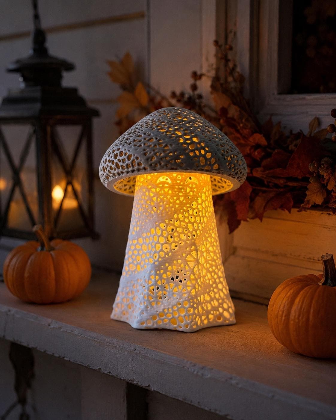 Mystic Ghost Shroom Lantern | 3D Printed Mushroom Night Light, Spooky Halloween Shelf Decor, Ghost Mushroom Lamp, Cottagecore Fantasy Decor - Thumbnail 3
