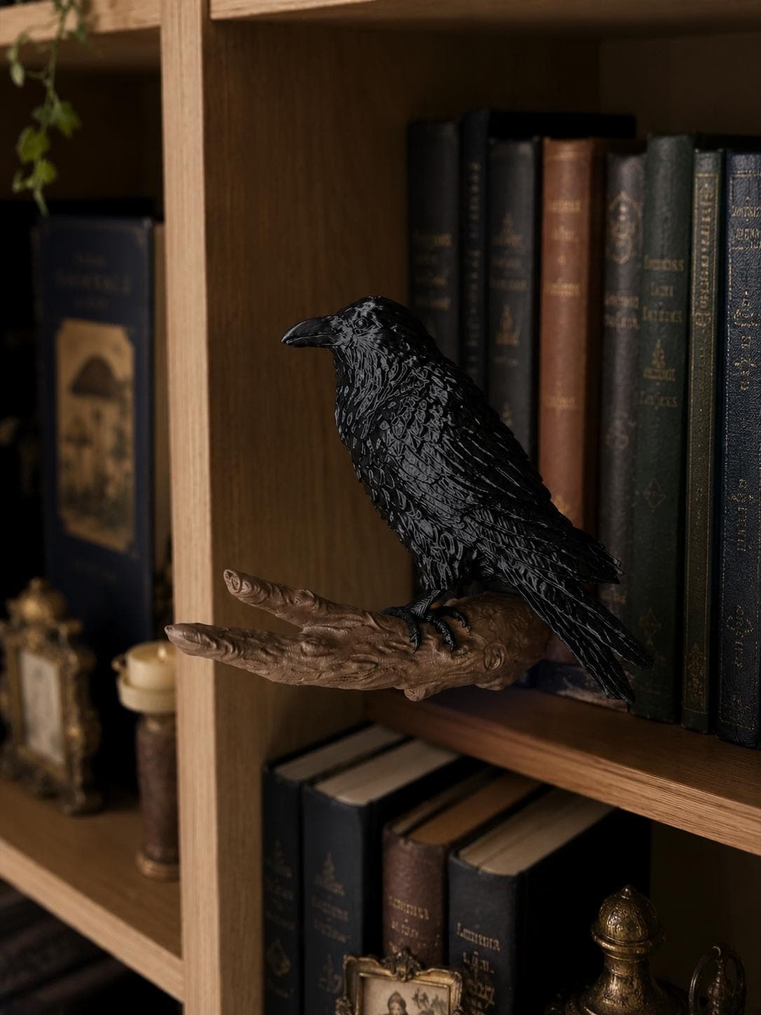 Raven Bookshelf Nook Decor | Gothic Crow Branch Perch | Dark Academia Shelf Accent | 3D Printed Raven Book Nook Display - Thumbnail 3