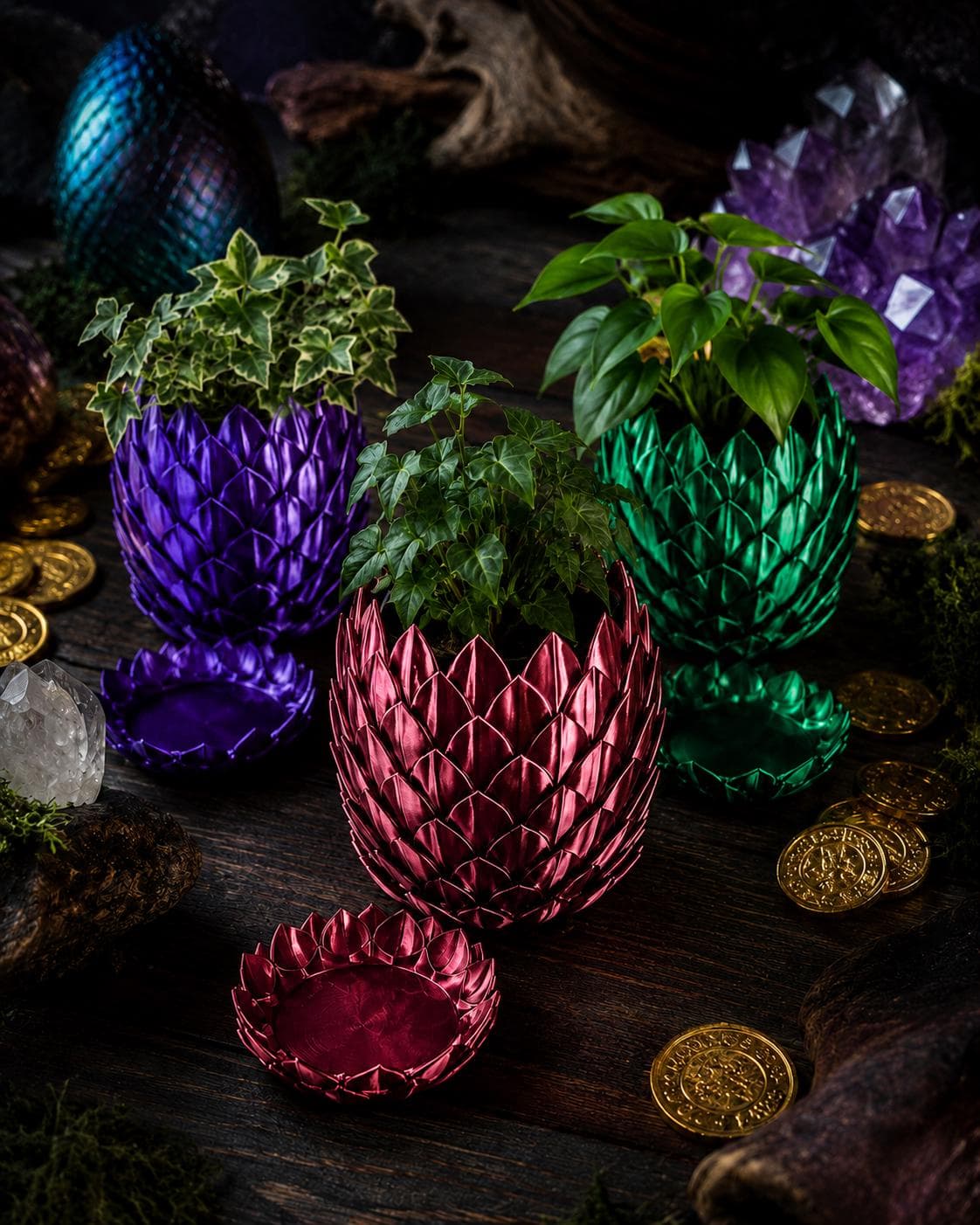 Dragon Scale Planter with Drip Tray, 3D Printed Indoor Plant Pot