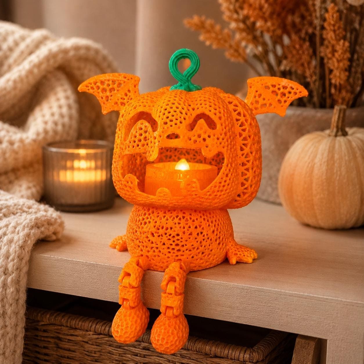 Bat Wing Jack-O’-Lantern Tealight Holder | Cute Spooky 3D Printed Pumpkin Lantern | Halloween Shelf Decor - Thumbnail 7