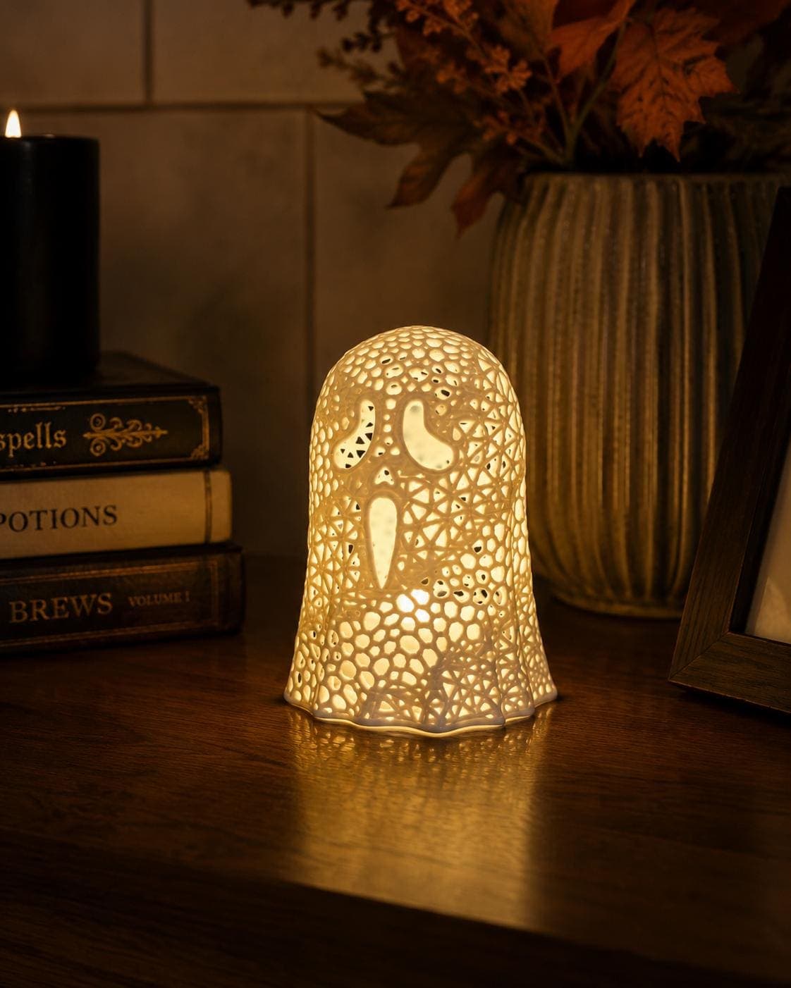 SCREAM Ghost Tealight Holder | Glowing Ghost Lantern | Cute Halloween Shelf Decor | Spooky Fall Mantel Accent - Thumbnail 7