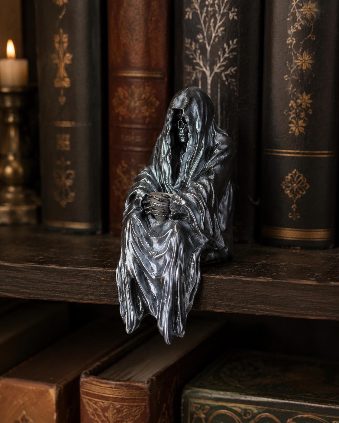 Grim Reaper Tea Cup Bookshelf Nook Decor | Gothic Shelf Sitter | Dark Academia Reaper Figurine | 3D Printed Spooky Decor - Thumbnail 2