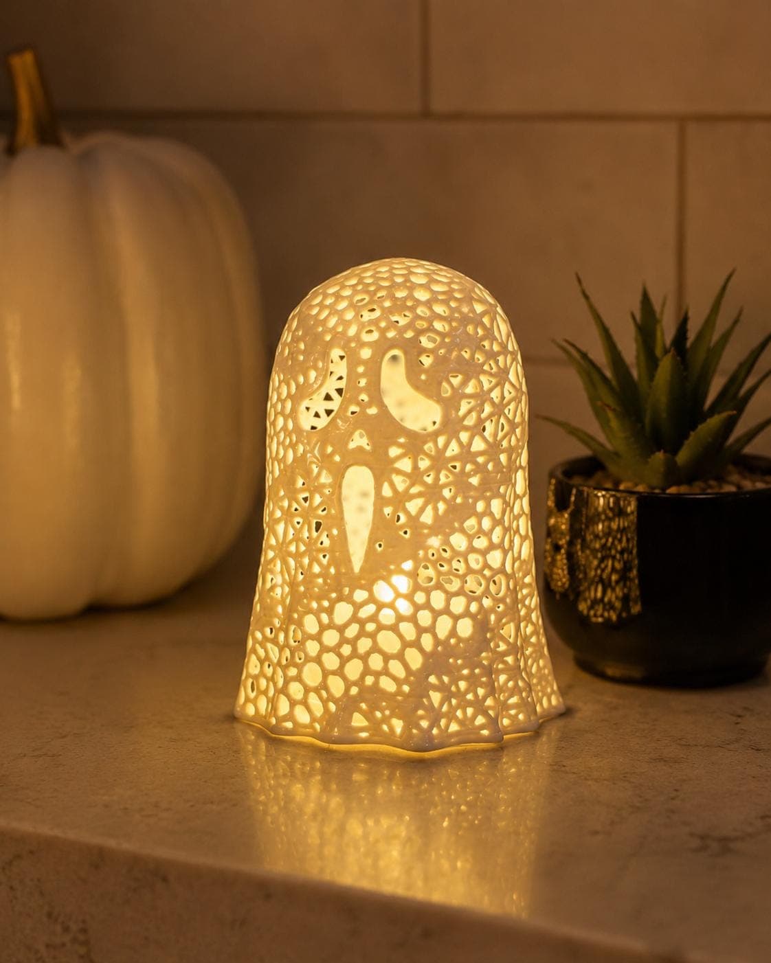 SCREAM Ghost Tealight Holder | Glowing Ghost Lantern | Cute Halloween Shelf Decor | Spooky Fall Mantel Accent - Thumbnail 6