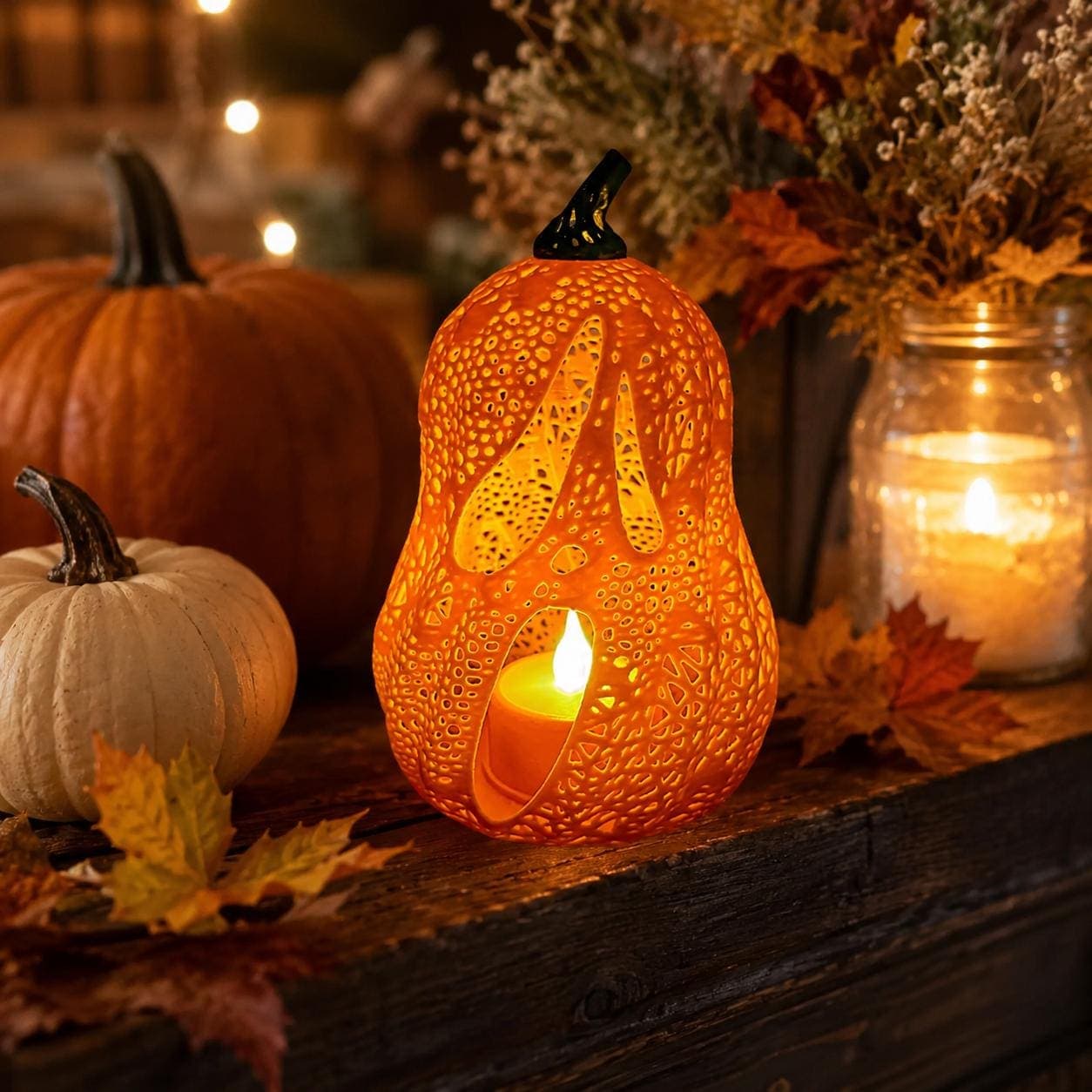 Glowing Ghost Jack-O’-Lantern Tealight Holder | 3D Printed Pumpkin Lantern | Spooky Cute Halloween Shelf Decor - Thumbnail 10