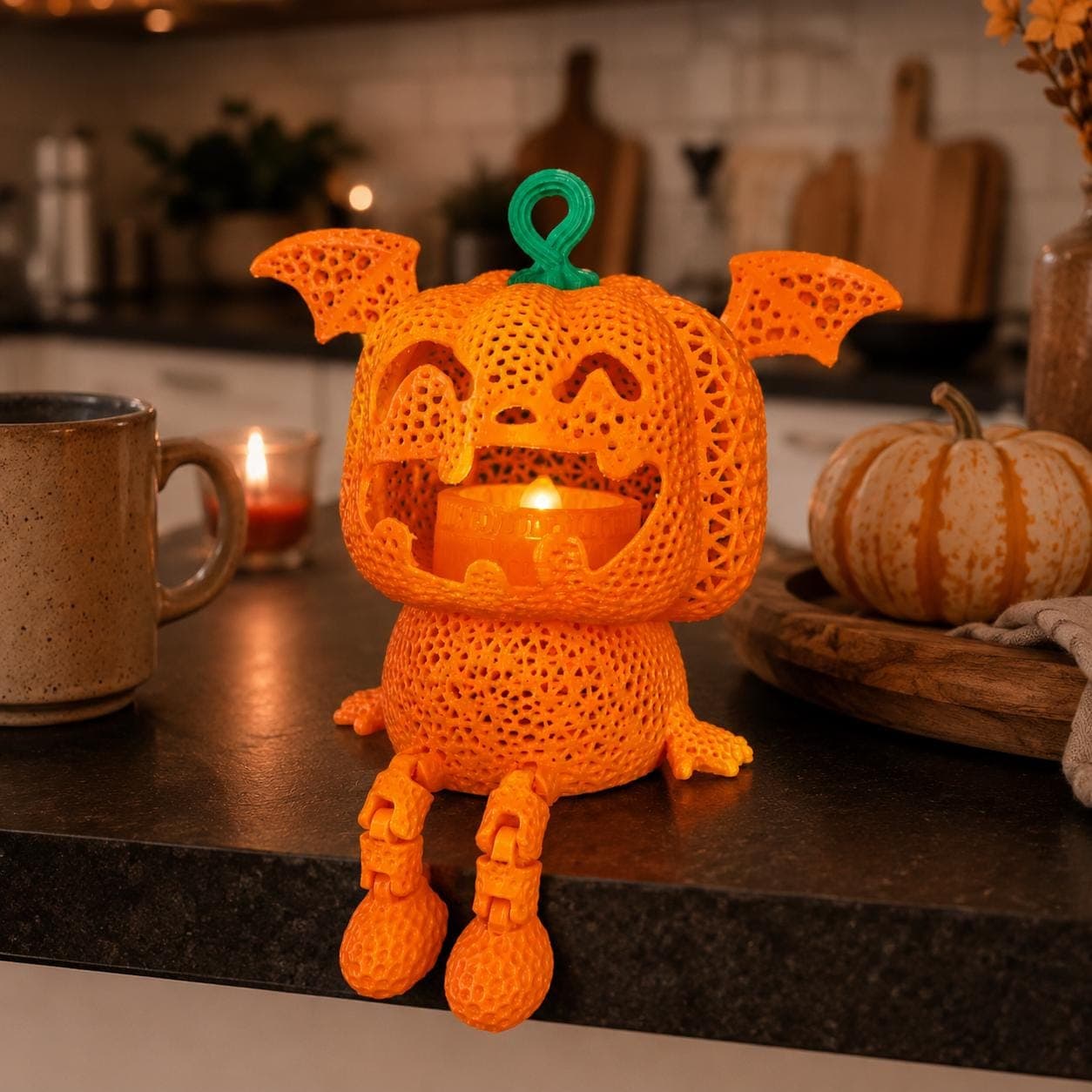 Bat Wing Jack-O’-Lantern Tealight Holder | Cute Spooky 3D Printed Pumpkin Lantern | Halloween Shelf Decor - Thumbnail 5