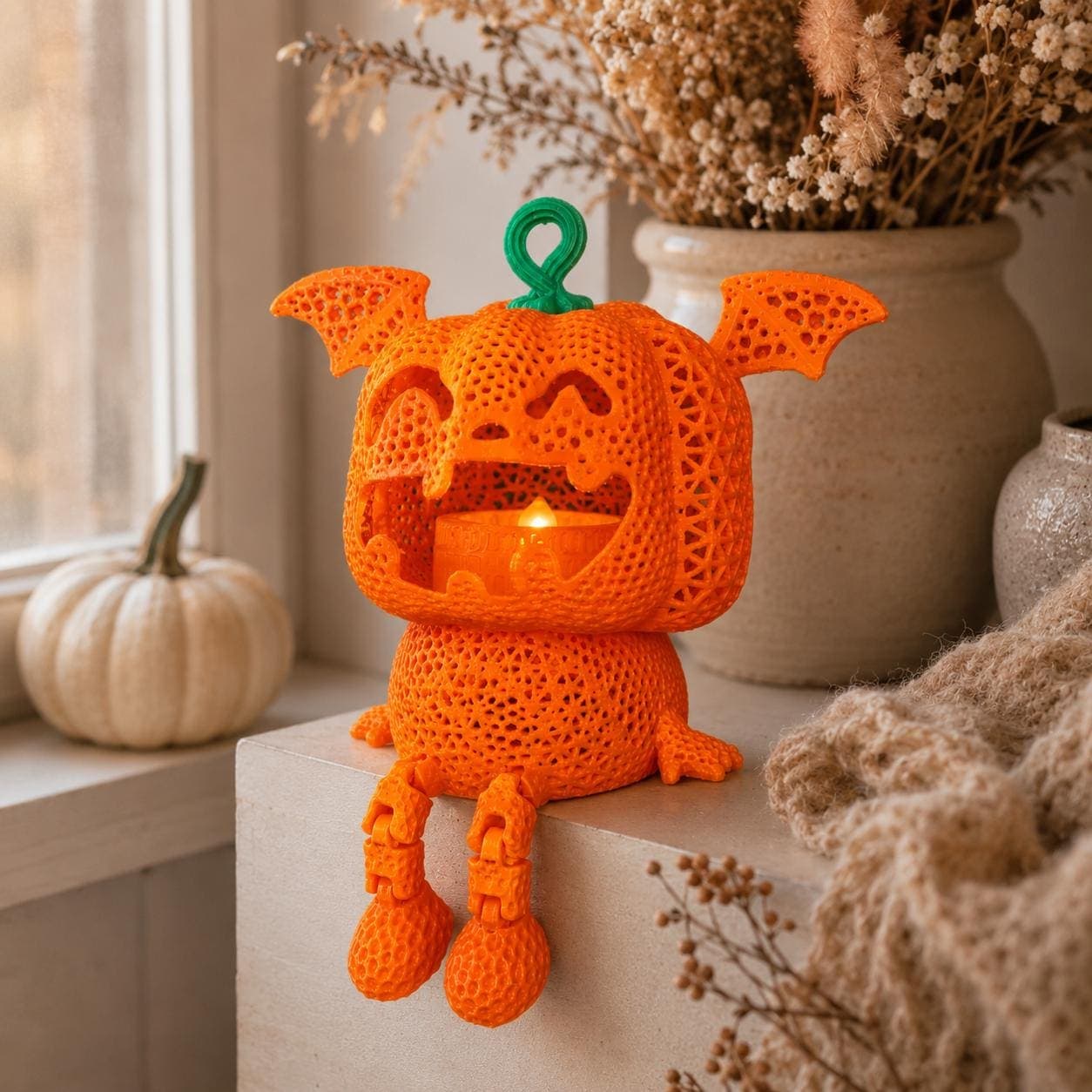 Bat Wing Jack-O’-Lantern Tealight Holder | Cute Spooky 3D Printed Pumpkin Lantern | Halloween Shelf Decor - Thumbnail 3