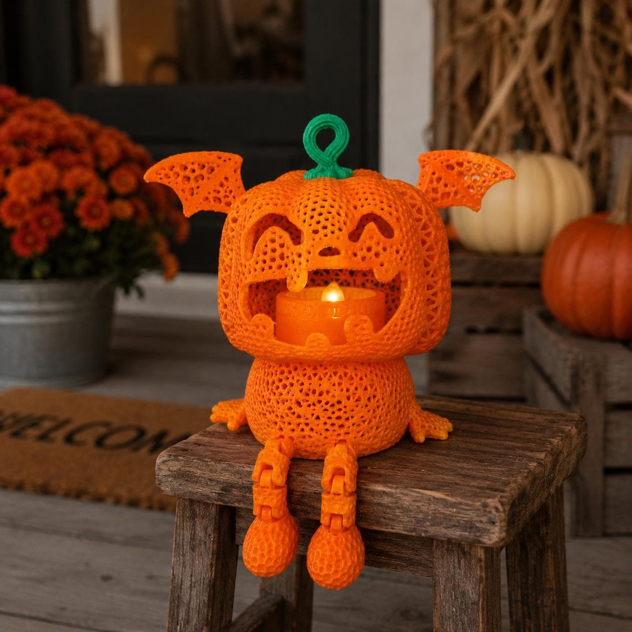 Bat Wing Jack-O’-Lantern Tealight Holder | Cute Spooky 3D Printed Pumpkin Lantern | Halloween Shelf Decor - Thumbnail 8