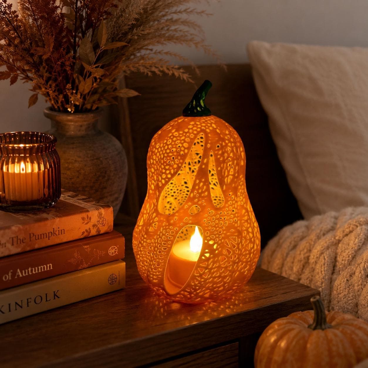 Glowing Ghost Jack-O’-Lantern Tealight Holder | 3D Printed Pumpkin Lantern | Spooky Cute Halloween Shelf Decor - Thumbnail 7
