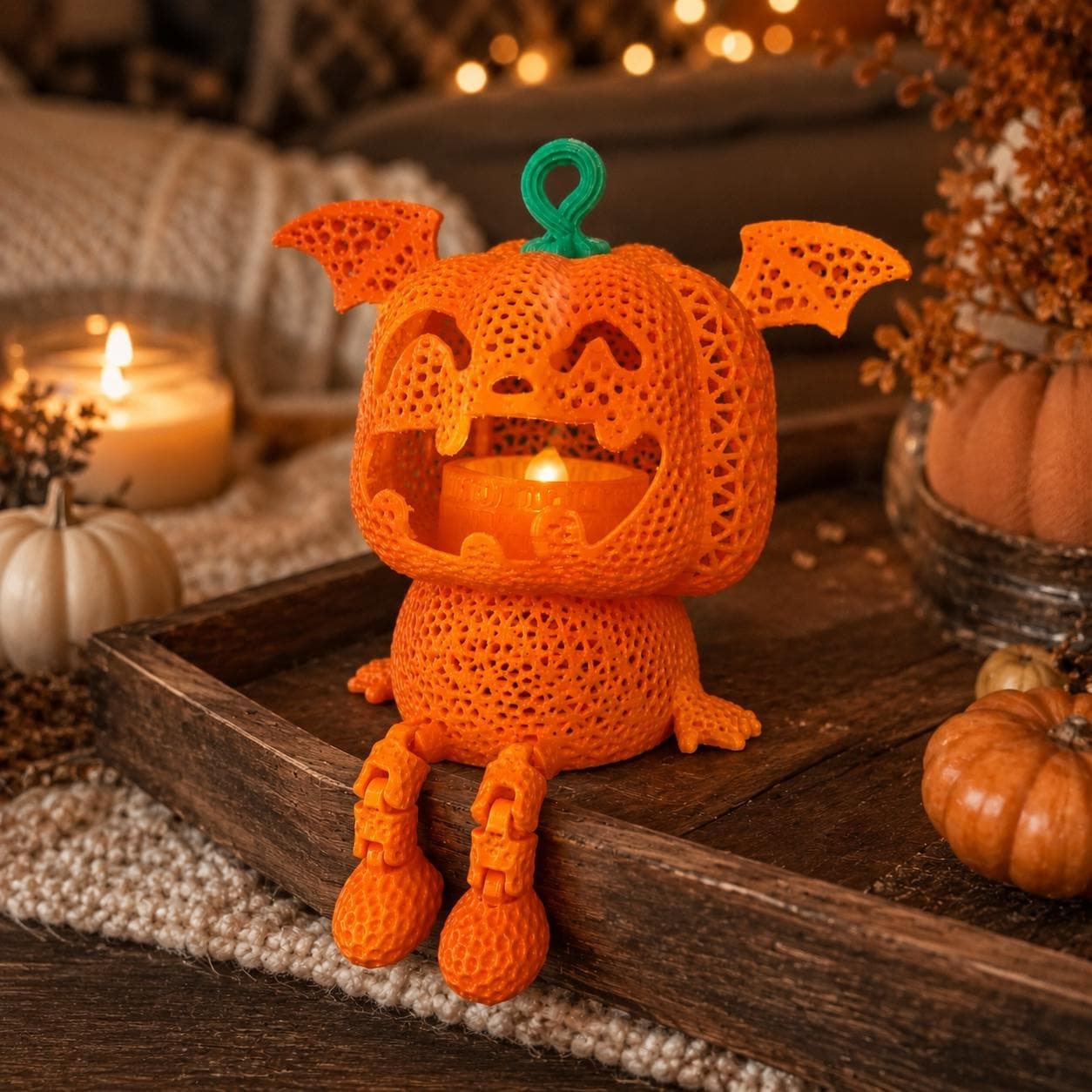 Bat Wing Jack-O’-Lantern Tealight Holder | Cute Spooky 3D Printed Pumpkin Lantern | Halloween Shelf Decor - Thumbnail 4