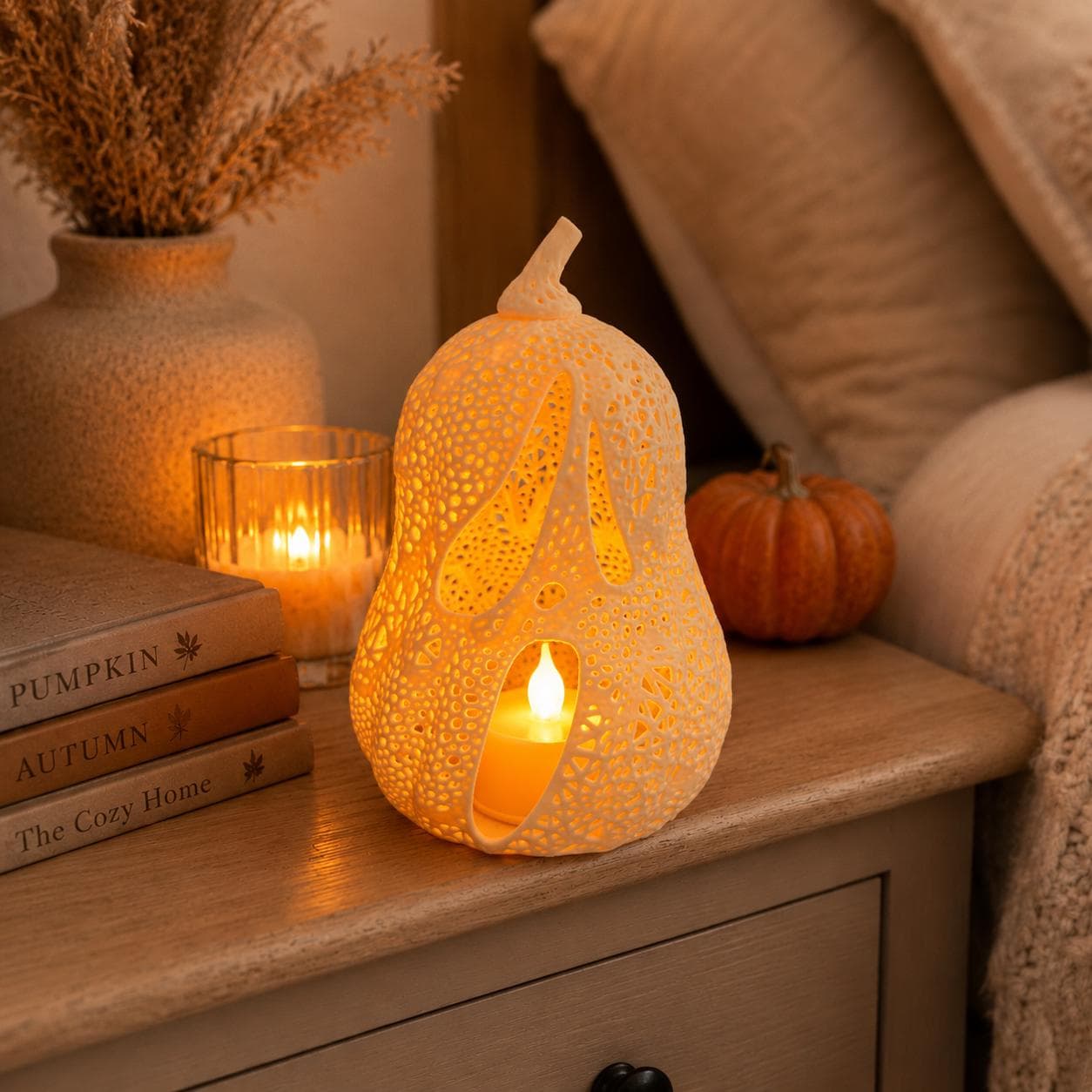 Glowing Ghost Jack-O’-Lantern Tealight Holder | 3D Printed Pumpkin Lantern | Spooky Cute Halloween Shelf Decor - Thumbnail 8