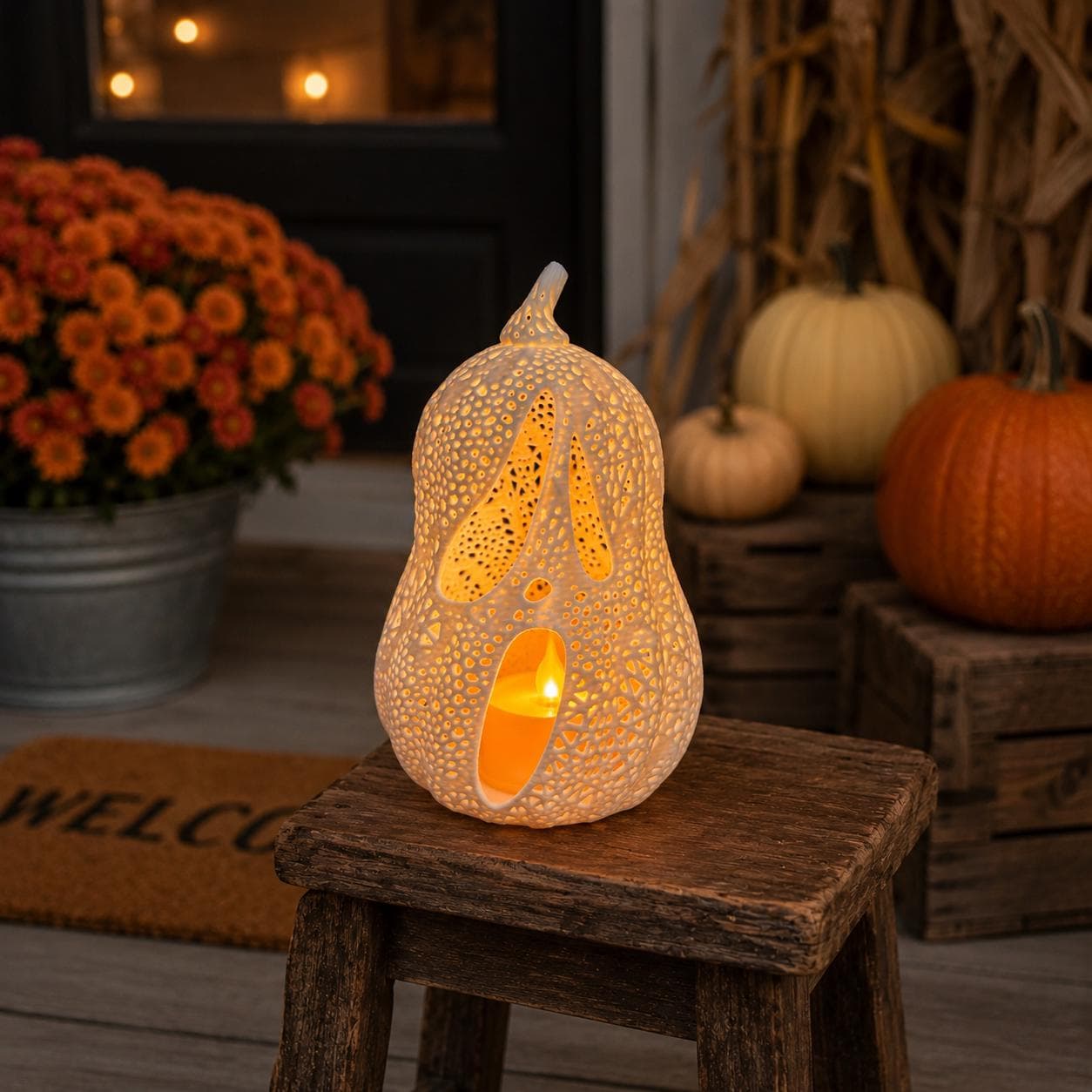 Glowing Ghost Jack-O’-Lantern Tealight Holder | 3D Printed Pumpkin Lantern | Spooky Cute Halloween Shelf Decor - Thumbnail 2
