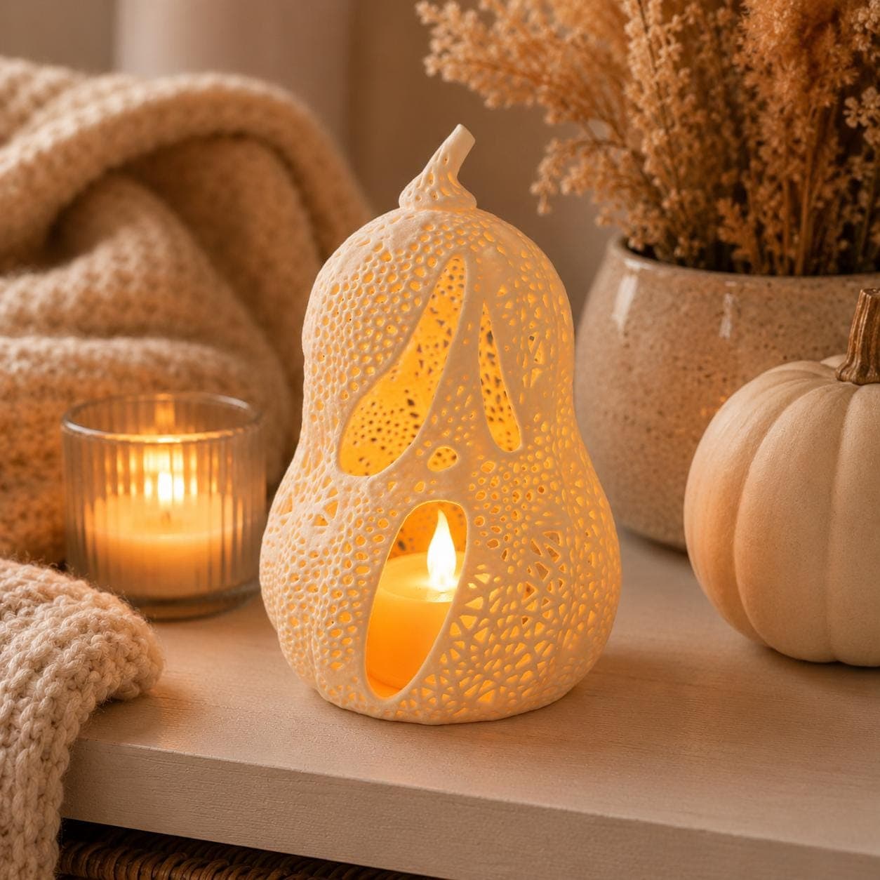 Glowing Ghost Jack-O’-Lantern Tealight Holder | 3D Printed Pumpkin Lantern | Spooky Cute Halloween Shelf Decor - Thumbnail 3