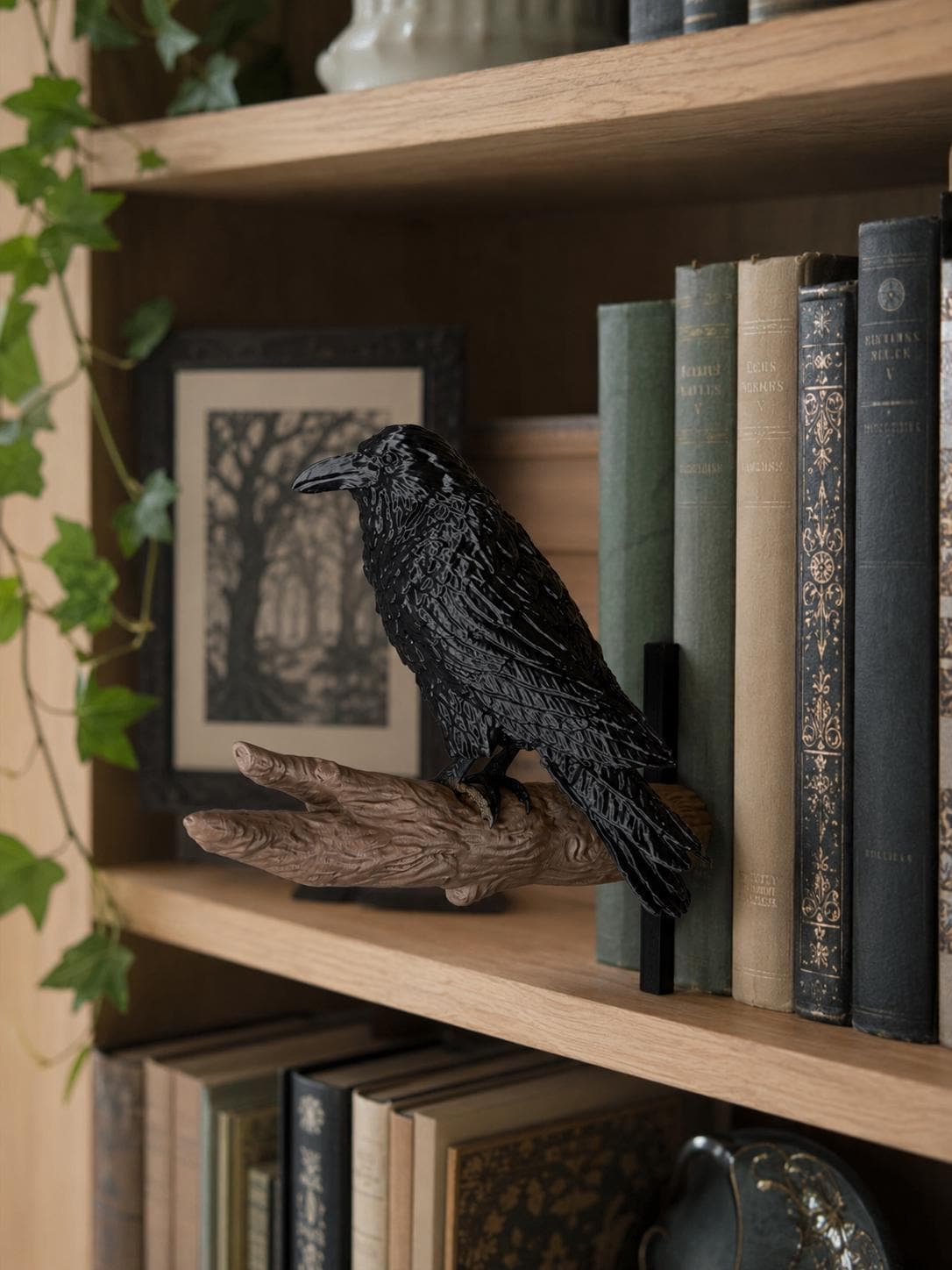 Raven Bookshelf Nook Decor | Gothic Crow Branch Perch | Dark Academia Shelf Accent | 3D Printed Raven Book Nook Display - Thumbnail 4