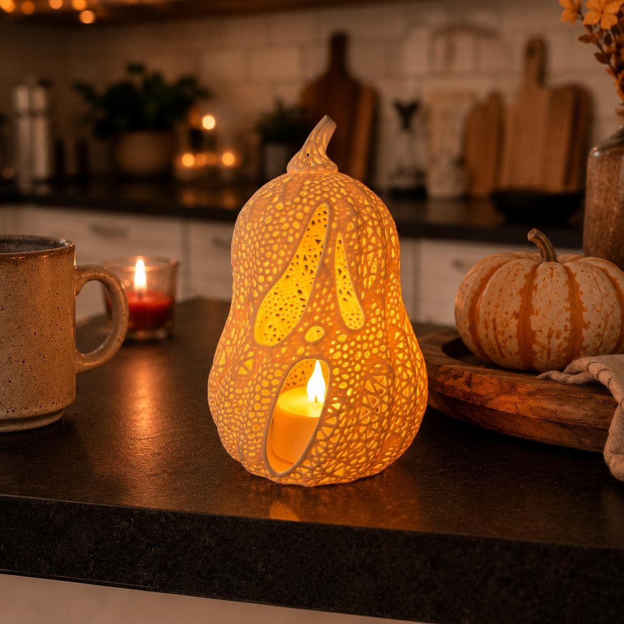 Glowing Ghost Jack-O’-Lantern Tealight Holder | 3D Printed Pumpkin Lantern | Spooky Cute Halloween Shelf Decor