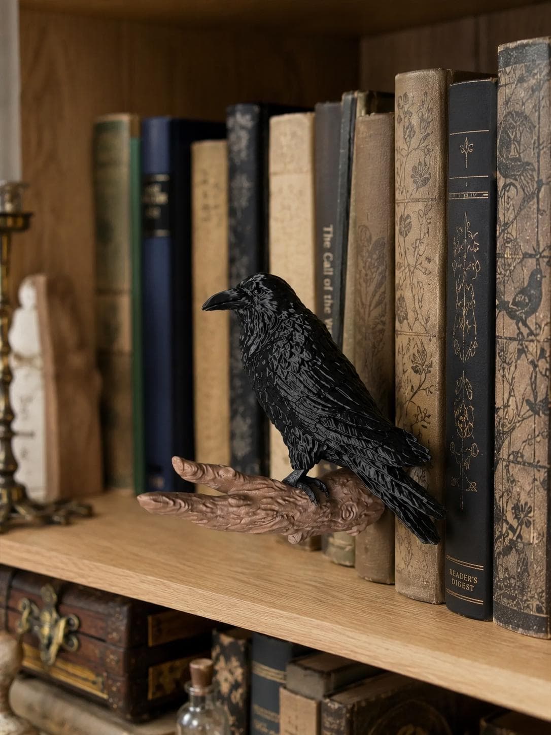 Raven Bookshelf Nook Decor | Gothic Crow Branch Perch | Dark Academia Shelf Accent | 3D Printed Raven Book Nook Display