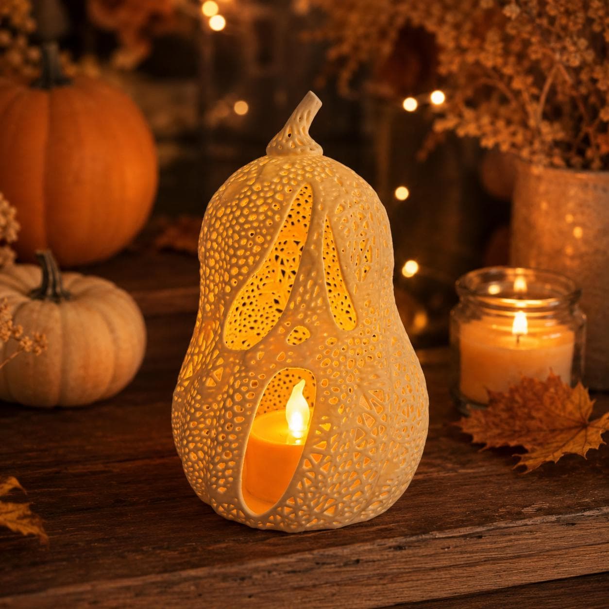 Glowing Ghost Jack-O’-Lantern Tealight Holder | 3D Printed Pumpkin Lantern | Spooky Cute Halloween Shelf Decor - Thumbnail 6