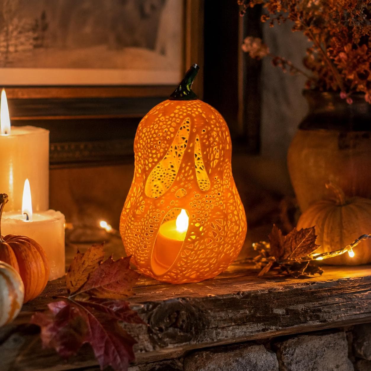 Glowing Ghost Jack-O’-Lantern Tealight Holder | 3D Printed Pumpkin Lantern | Spooky Cute Halloween Shelf Decor - Thumbnail 11