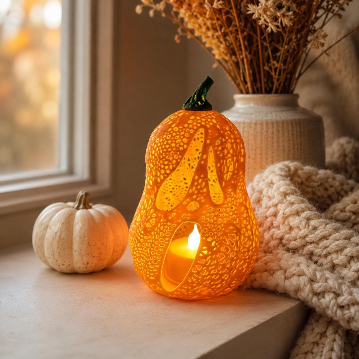 Glowing Ghost Jack-O’-Lantern Tealight Holder | 3D Printed Pumpkin Lantern | Spooky Cute Halloween Shelf Decor - Thumbnail 14