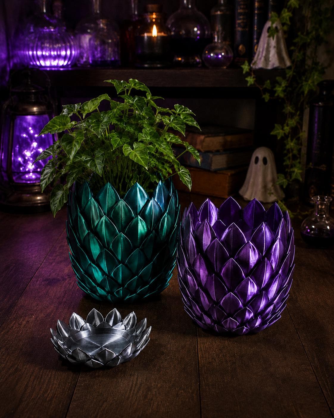 Dragon Scale Planter with Drip Tray, 3D Printed Indoor Plant Pot - Thumbnail 4