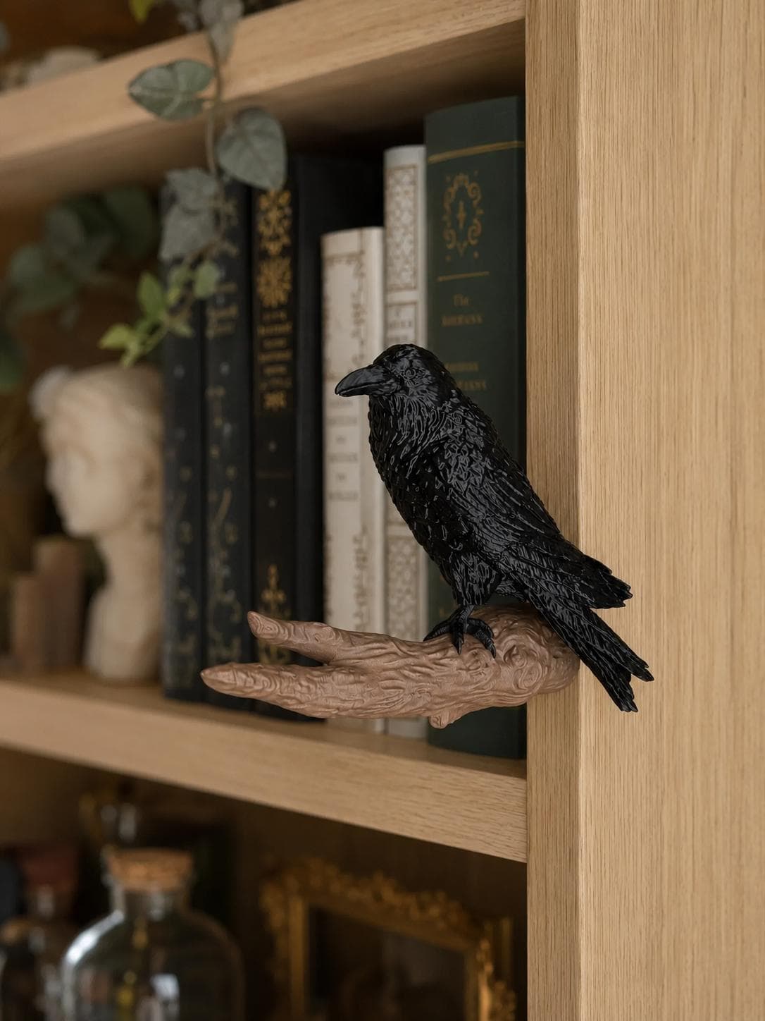 Raven Bookshelf Nook Decor | Gothic Crow Branch Perch | Dark Academia Shelf Accent | 3D Printed Raven Book Nook Display - Thumbnail 7