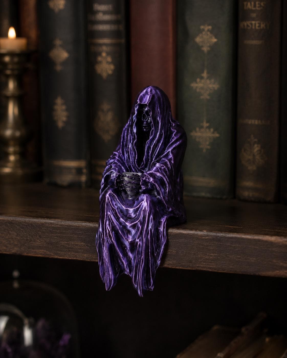 Grim Reaper Tea Cup Bookshelf Nook Decor | Gothic Shelf Sitter | Dark Academia Reaper Figurine | 3D Printed Spooky Decor - Thumbnail 4