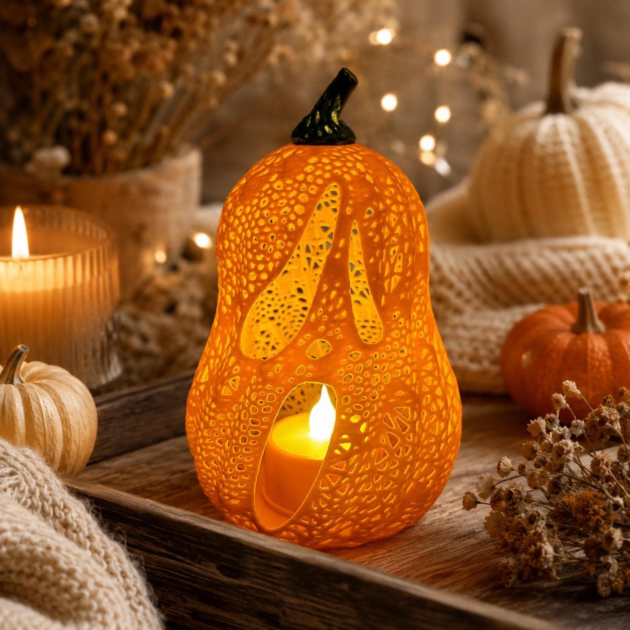 Glowing Ghost Jack-O’-Lantern Tealight Holder | 3D Printed Pumpkin Lantern | Spooky Cute Halloween Shelf Decor - Thumbnail 13