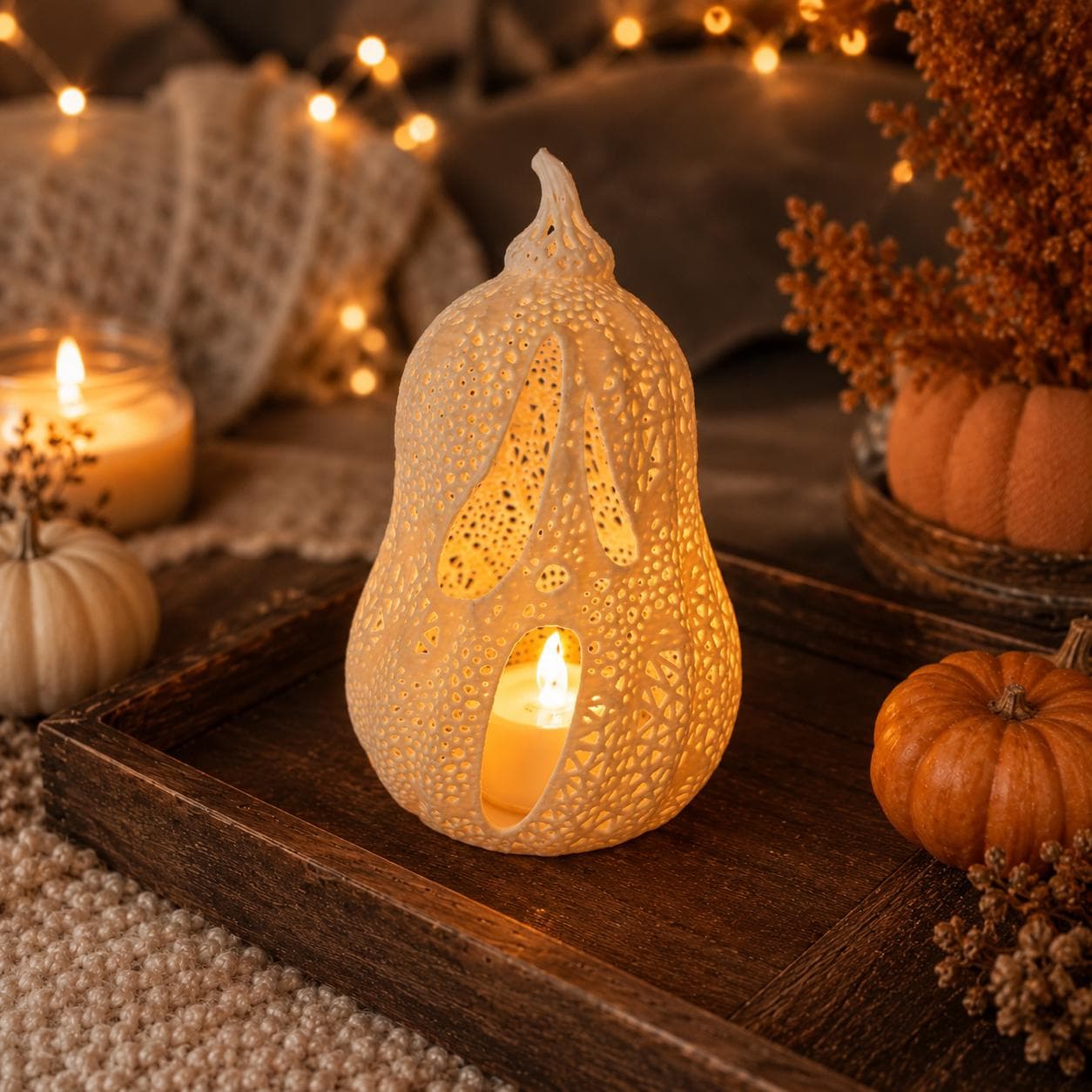 Glowing Ghost Jack-O’-Lantern Tealight Holder | 3D Printed Pumpkin Lantern | Spooky Cute Halloween Shelf Decor - Thumbnail 5