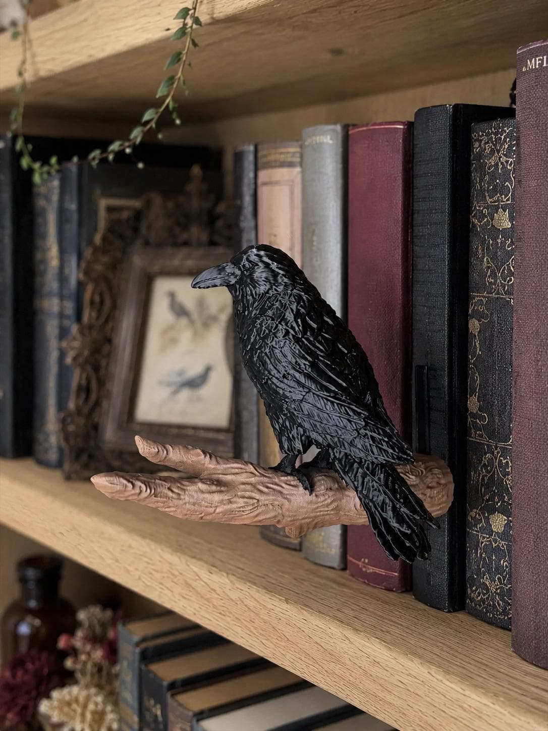 Raven Bookshelf Nook Decor | Gothic Crow Branch Perch | Dark Academia Shelf Accent | 3D Printed Raven Book Nook Display - Thumbnail 6