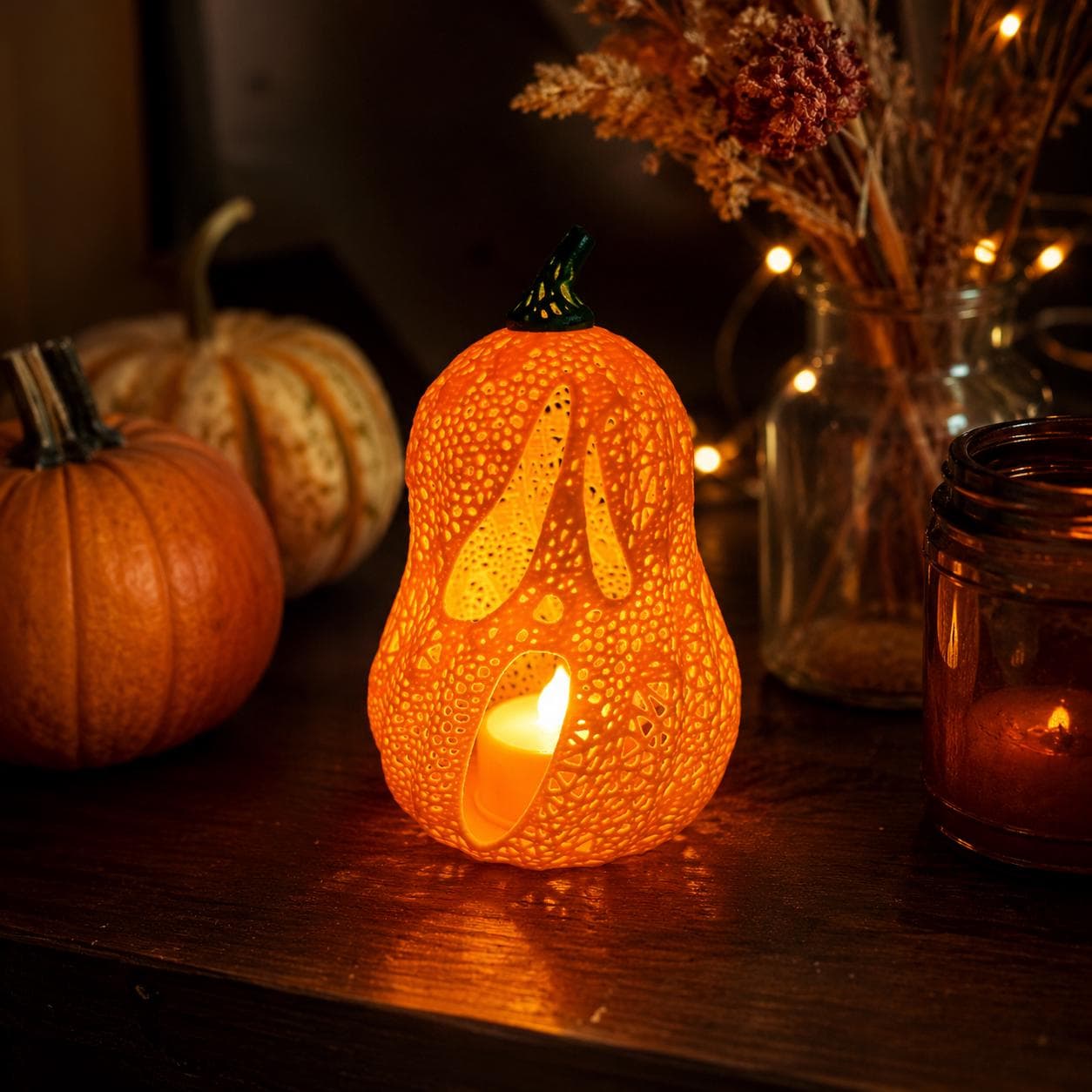 Glowing Ghost Jack-O’-Lantern Tealight Holder | 3D Printed Pumpkin Lantern | Spooky Cute Halloween Shelf Decor - Thumbnail 9