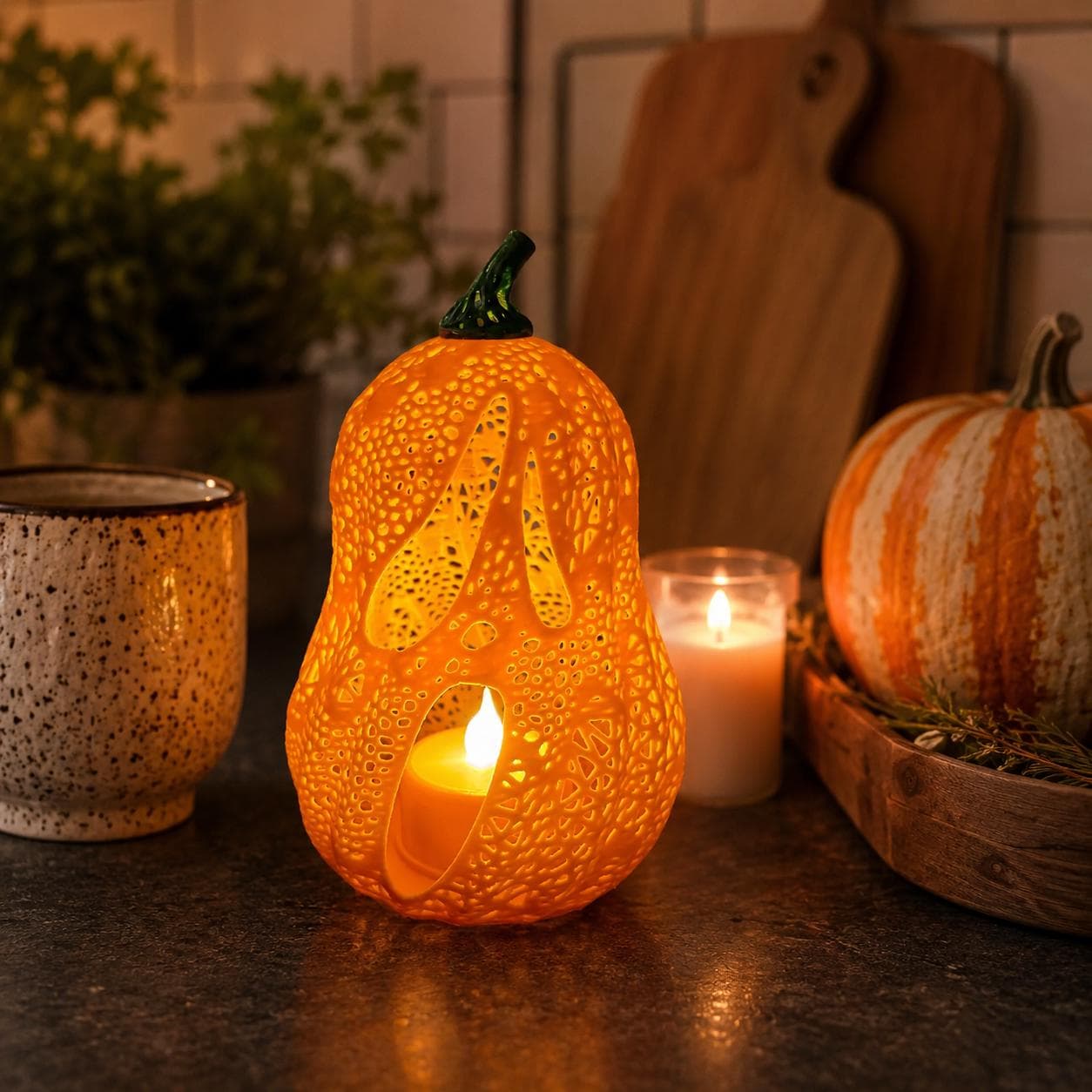 Glowing Ghost Jack-O’-Lantern Tealight Holder | 3D Printed Pumpkin Lantern | Spooky Cute Halloween Shelf Decor - Thumbnail 12