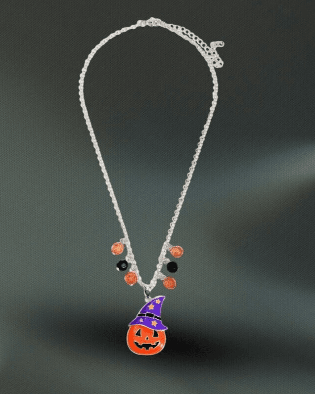 Halloween Necklace Orange Pumpkin with Purple Hat Silvertone Hand Made Jewelry - Thumbnail 6