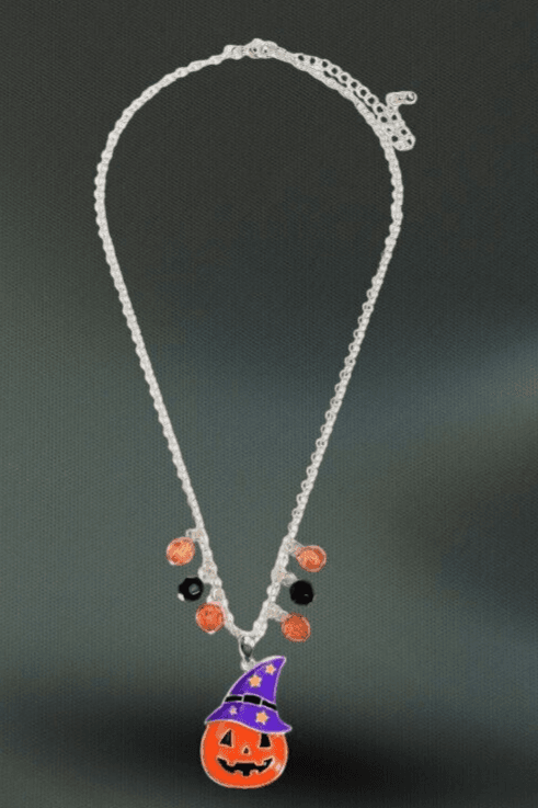 Halloween Necklace Orange Pumpkin with Purple Hat Silvertone Hand Made Jewelry - Thumbnail 5