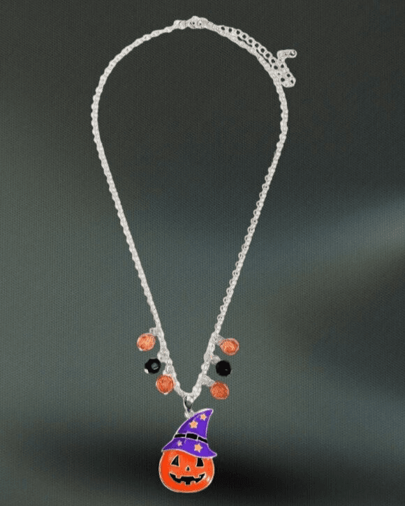 Halloween Necklace Orange Pumpkin with Purple Hat Silvertone Hand Made Jewelry - Thumbnail 4
