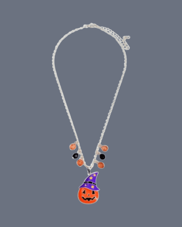 Halloween Necklace Orange Pumpkin with Purple Hat Silvertone Hand Made Jewelry - Thumbnail 3