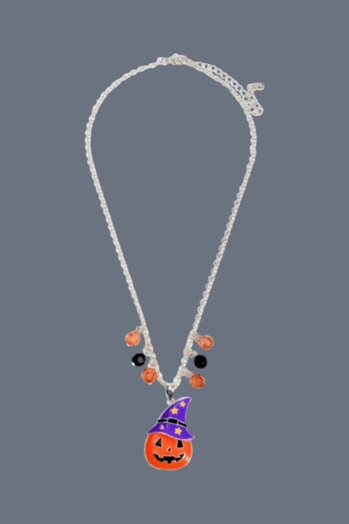 Halloween Necklace Orange Pumpkin with Purple Hat Silvertone Hand Made Jewelry - Thumbnail 2