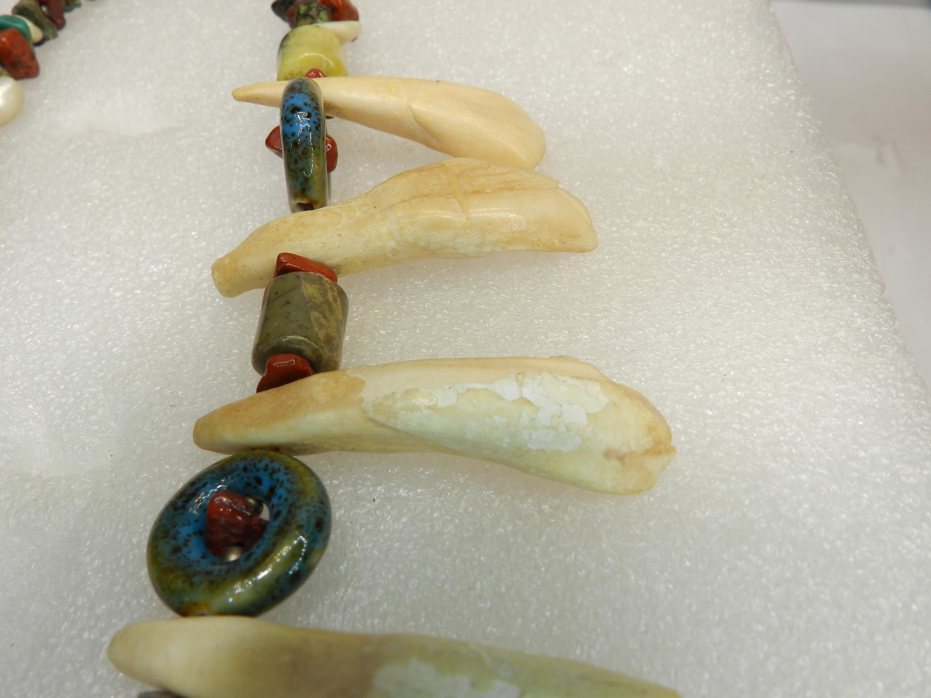 Native American Handmade Buffalo Tooth w/ Stone & Glass Beads Necklace 17" (O37S - Thumbnail 2