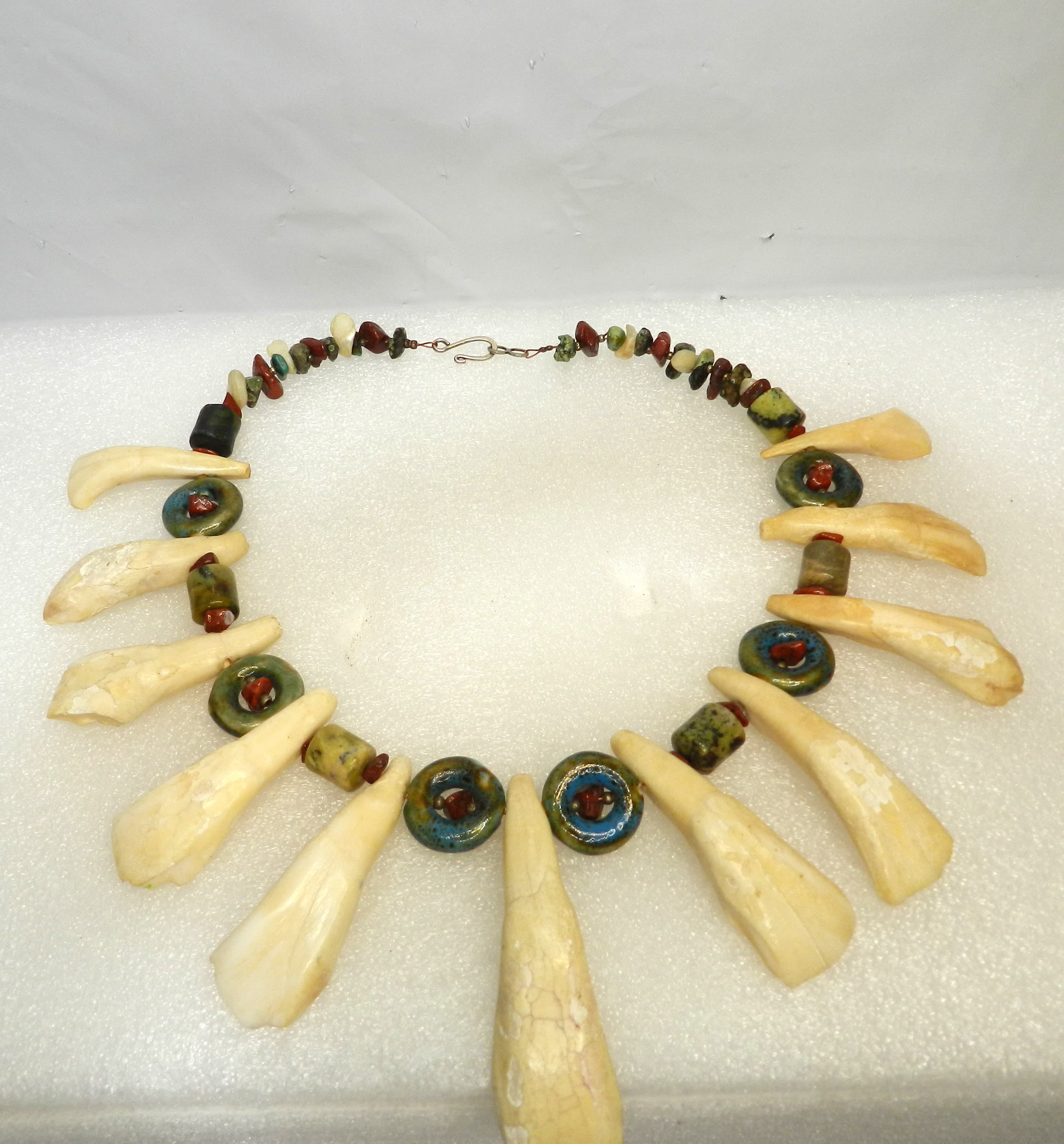 Native American Handmade Buffalo Tooth w/ Stone & Glass Beads Necklace 17" (O37S - Thumbnail 5