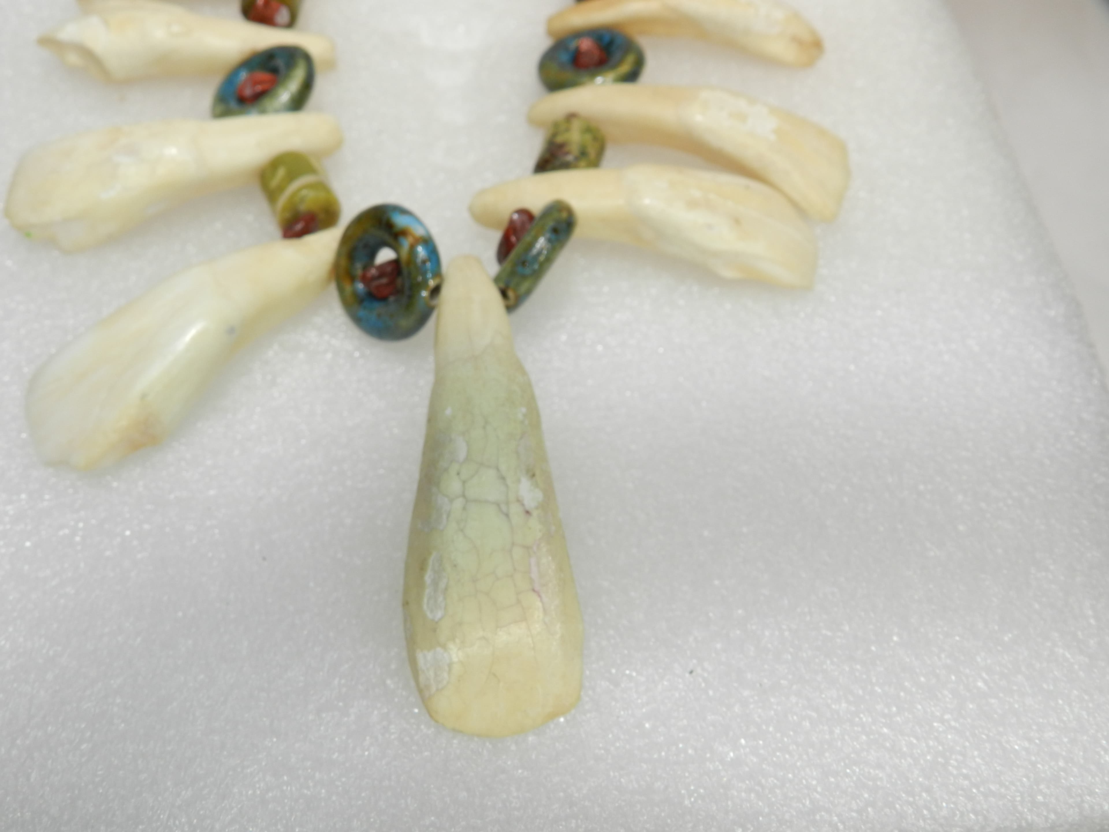 Native American Handmade Buffalo Tooth w/ Stone & Glass Beads Necklace 17" (O37S - Thumbnail 11