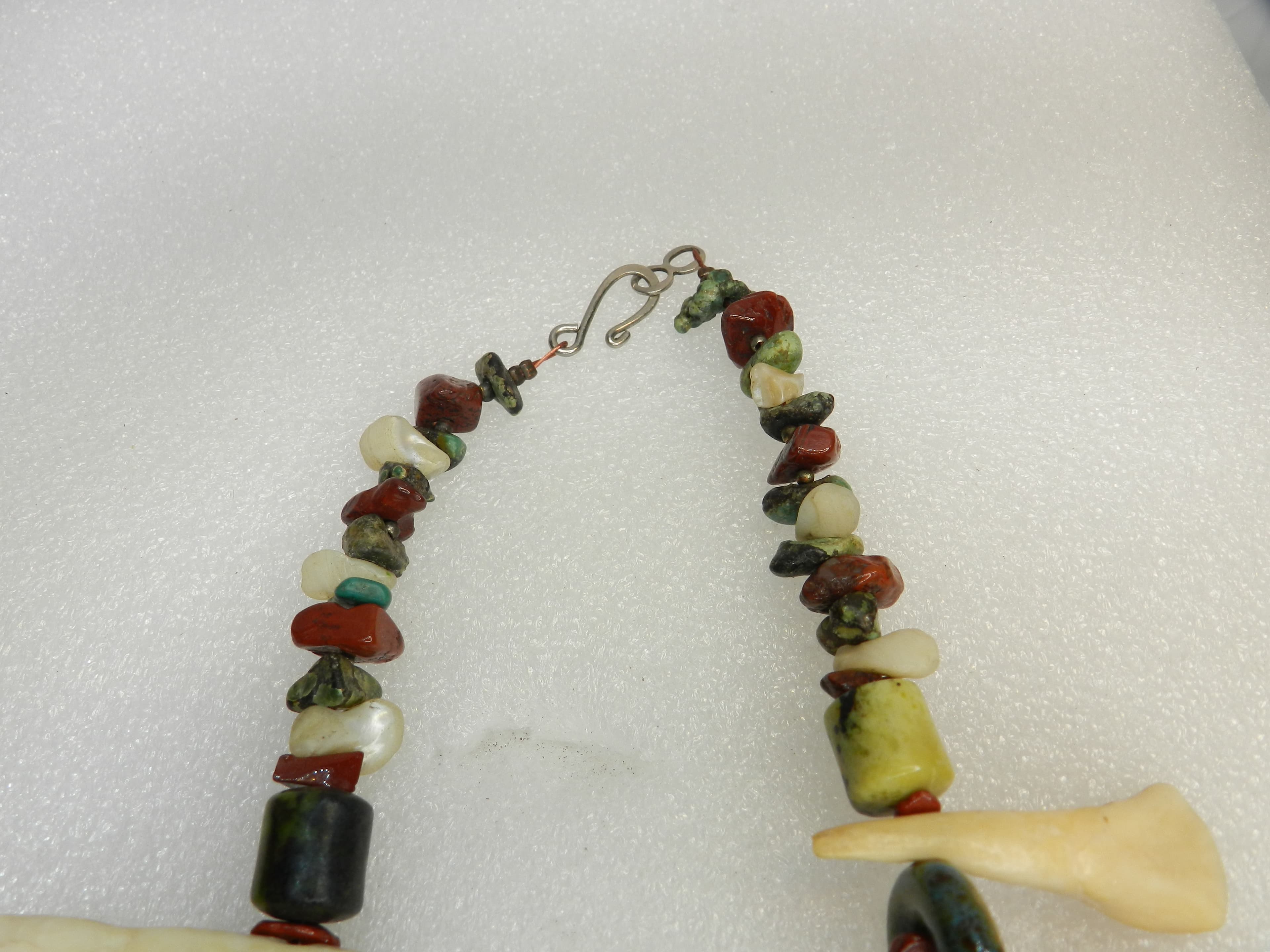 Native American Handmade Buffalo Tooth w/ Stone & Glass Beads Necklace 17" (O37S - Thumbnail 12