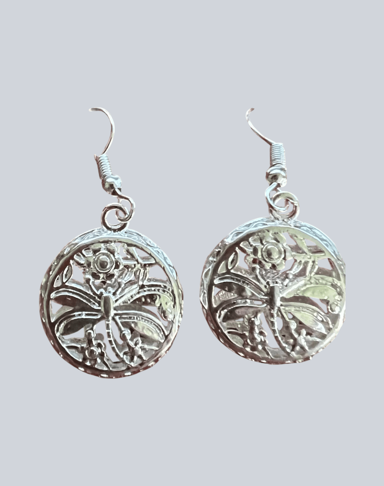 Vintage Earrings Dragonfly Circle Silvertone