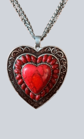 Vintage Red Heart Pendant Necklace with 16" Chain and Matching Earrings
