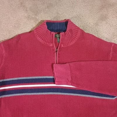 Eddie Bauer Mens XL Tall Red Ribbed 1/4 Zip Cotton Sweater Striped Pullover