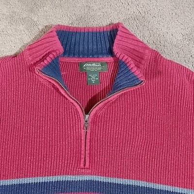 Eddie Bauer Mens XL Tall Red Ribbed 1/4 Zip Cotton Sweater Striped Pullover - Thumbnail 3