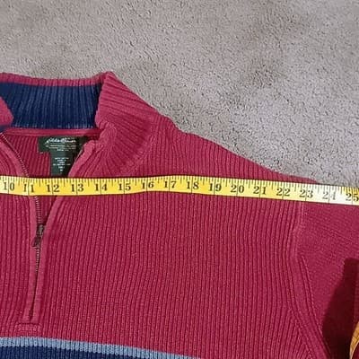 Eddie Bauer Mens XL Tall Red Ribbed 1/4 Zip Cotton Sweater Striped Pullover - Thumbnail 7