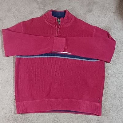 Eddie Bauer Mens XL Tall Red Ribbed 1/4 Zip Cotton Sweater Striped Pullover - Thumbnail 2
