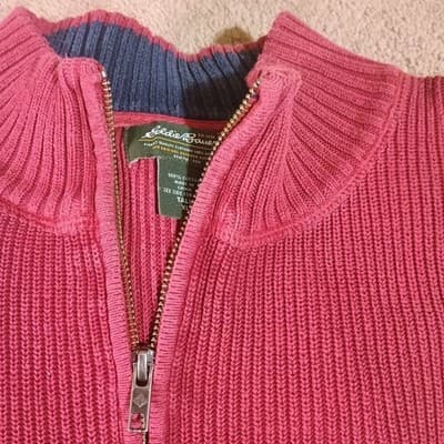 Eddie Bauer Mens XL Tall Red Ribbed 1/4 Zip Cotton Sweater Striped Pullover - Thumbnail 5