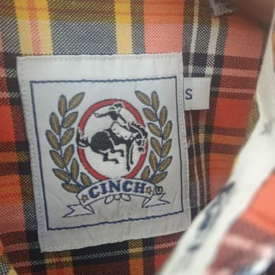Cinch Long Sleeve Shirt Men's Size S Orange and Brown Check Plaid - Thumbnail 8