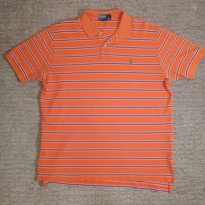 Polo Ralph Lauren Polo Top Men XL Bold Orange with Blue Stripes Short Sleeve - Thumbnail 2